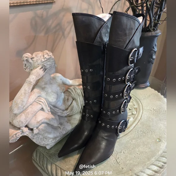 Jeffery Campbell Knee High Seatbelt Boots Brown Distressed Leather Grainy #70 - Picture 9 of 12